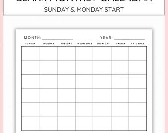 Calendario perpetuo imprimible en blanco, mensual, con inicio en domingo y lunes, minimalista, simple y sin fecha.