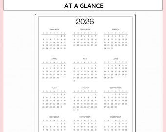 Calendario 2026 de un vistazo: retrato minimalista, sencillo e imprimible