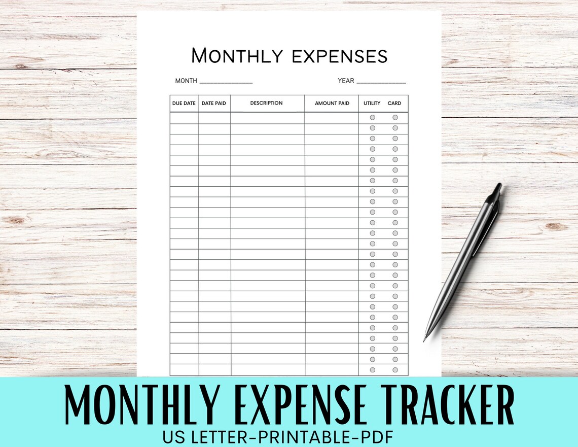 Monthly Expense Tracker Organizer Simple Minimalist Printable Digital