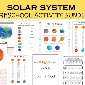 May include: A printable solar system activity bundle for preschoolers. The bundle includes tracing, matching, and counting activities featuring planets, the sun, and space. The activities are designed to help children learn about the solar system and develop fine motor skills.