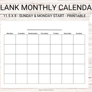 Blank Calendar Sunday & Monday Start Monthly Minimalist Printable Template