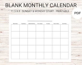 Calendario minimalista imprimible mensual con inicio en domingo y lunes.