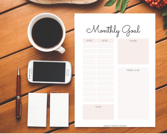 Monthly Goal Planner Organizer Minimalist Simple Printable Instant Download PDF