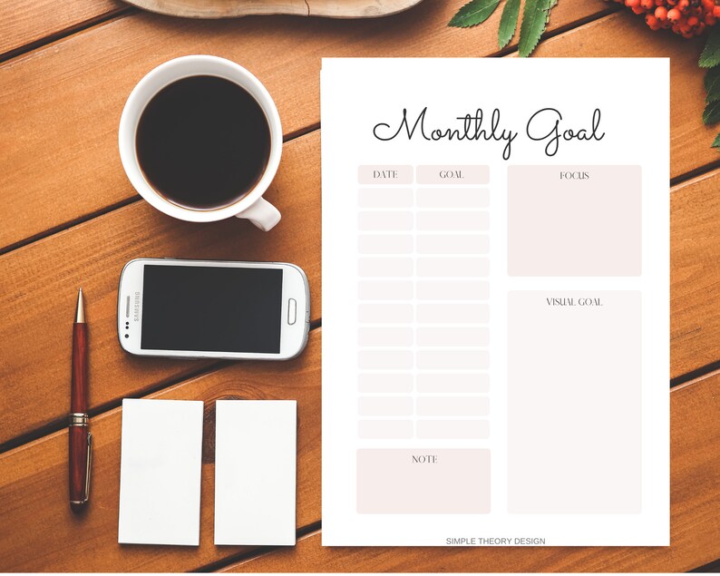Pode incluir: Um planejador de objetivos mensal imprim&iacute;vel com se&ccedil;&otilde;es para data, objetivo, foco, objetivo visual e notas. O planejador tem um design simples com fundo branco e texto preto.