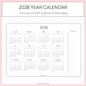 2028 Year At A Glance Calendar With Notes Field Minimalist Simple Printable