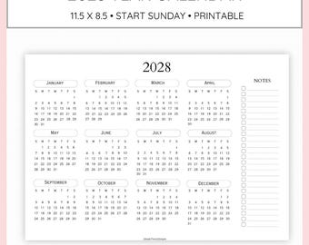 Calendario minimalista de 2028 con notas de campo, sencillo e imprimible