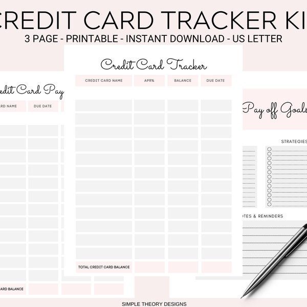 Credit Card Tracker Template Organizer Debt Pay Off Kit Set Printable 3 Pages Digital Instant Download PDF