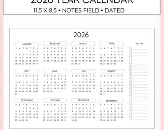 Calendario minimalista de 2026 con notas de campo, sencillo e imprimible