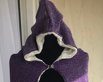 Purple Sparkle Lined Hooded Half-circle Cloak with Button Closure