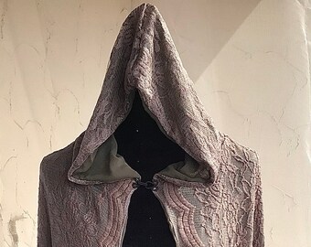 Brown and Green Lined Hooded Half-circle Cloak with Button Closure