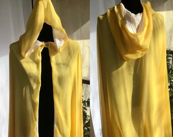 Yellow White Lined Hooded Half-circle Cloak with Button Closure