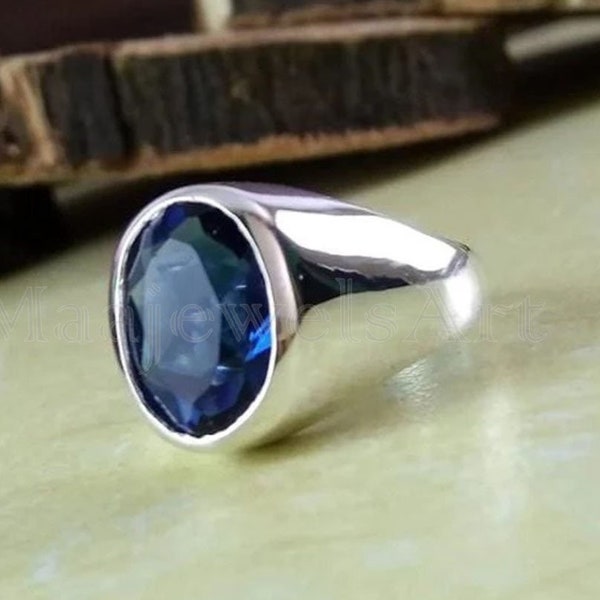 Blue Sapphire Ring, 925 Silver Signet Ring, Mens Signet Ring, Boys Accessories Jewelry, Heavy Men Ring, Mens Gemstone Ring, Gift For Him/Her