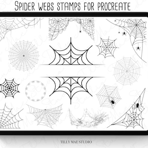Può includere: Un set di 14 timbri di ragnatela di ragno in bianco e nero per Procreate. I timbri sono progettati per l'uso nell'arte digitale e nell'illustrazione.