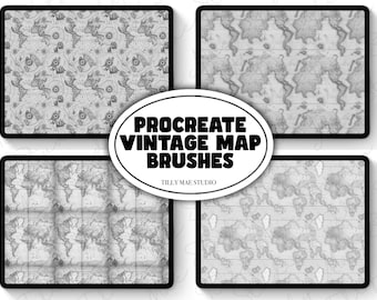 May include: Four digital illustrations of vintage world maps in black and white. The maps are displayed on a tablet screen. The text "Procreate Vintage Map Brushes" and "Tilly Mae Studio" is displayed on the image.
