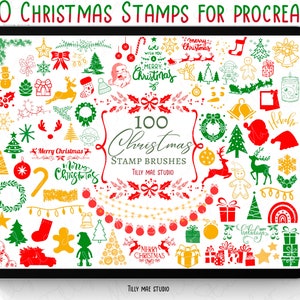Może przedstawiać: Cyfrowa ilustracja 100 świątecznych znaczków do Procreate. Znaczek są w kolorze czerwonym, zielonym, żółtym i białym i zawierają obrazy choinek, ozdób, prezentów, cukierków, reniferów i wiele innych.