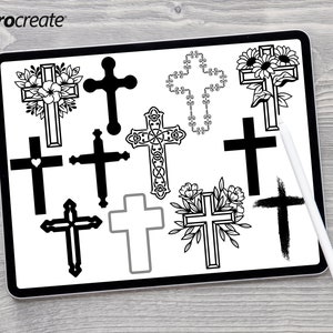 Puede incluir: Un dibujo digital de 10 diseños de cruces diferentes. Las cruces son en blanco y negro y están dibujadas en un estilo simple. Algunas de las cruces tienen diseños florales a su alrededor.