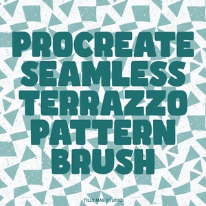 Może przedstawiać: Grafika tekstowa w kolorze turkusowym na białym tle z wzorem turkusowych trójkątów. Tekst brzmi "Procreate Seamless Terrazzo Pattern Brush".