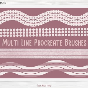 May include: A digital art graphic featuring various multi-line Procreate brushes. The design includes wavy lines, dotted lines, and lines with star patterns, all in shades of mauve and white. The text "Multi Line Procreate Brushes" is displayed prominently.