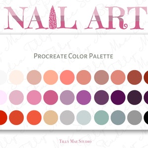 以下が含まれることがあります： 白、ピンク、紫、赤、オレンジ、茶色、グレー、黒の色の27色のスウォッチを持つProcreateカラーパレット。画像の上部に「Procreate Color Palette」というテキストがあります。画像の下部に「Tilly Mae Studio」というテキストがあります。