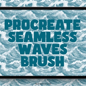 Puede incluir: Una ilustración digital de olas del océano en la pantalla de una tableta. El texto "Procreate Seamless Waves Brush" se muestra en negrita, en azul en la pantalla.