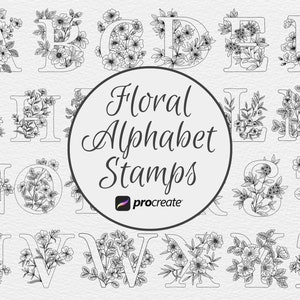 Carimbos e pincéis de letras florais para Procreate: conjunto de alfabeto botânico digital para designs artísticos