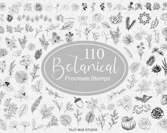 110 Floral Botanical Stamps & Brushes for Procreate: Roses, Peonies, Leaves, Tattoo Design