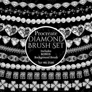 May include: A set of Procreate diamond brush assets for digital art. The brushes include various diamond shapes, sizes, and styles, including hearts, ovals, and squares. The set also includes a bonus background brush.