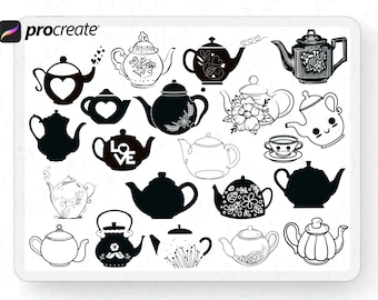 Vintage Tekanna Procreate Stämpelset: Digitala penslar för illustration, design och tatueringskonst