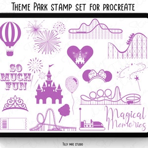 Paquete de sellos Procreate de aventuras en parques temáticos: pinceles digitales para vacaciones, montaña rusa, fuegos artificiales y más.