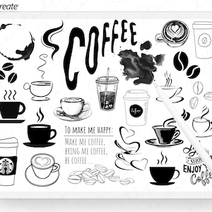 Può includere: Illustrazioni a mano in bianco e nero di tazze da caffè, chicchi di caffè e la parola "COFFEE". È incluso anche il testo "TO MAKE ME HAPPY: MAKE ME COFFEE, BRING ME COFFEE, BE COFFEE..."