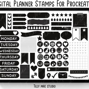 Op de afbeelding: Zwart-witte digitale planner-stempels voor de Procreate-app. De stempels omvatten dagen van de week, sterren, harten, banners en andere decoratieve elementen.