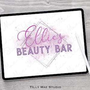 May include: A digital illustration of a beauty bar logo with the text "Ellie's Beauty Bar" in a pink and purple color scheme. The logo is set against a white background with a subtle watercolor effect.