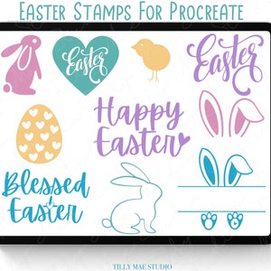 Può includere: Un set di 10 timbri digitali di Pasqua per Procreate, con coniglietti, uova, pulcini e testo che dice "Easter", "Happy Easter" e "Blessed Easter".