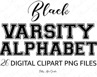 Black Varsity Alphabet PNG: Digital Font Clipart for Sublimation, Sports Jersey & Design Downloads