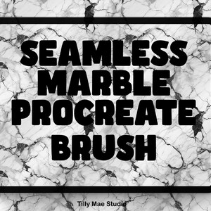 May include: Black and white digital illustration of a marble texture with the text "SEAMLESS MARBLE PROCREATE BRUSH" in a black box.