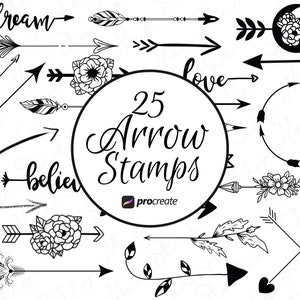 May include: A set of 25 black and white arrow stamps for use with the Procreate app. The stamps feature various arrow designs, including simple arrows, arrows with feathers, arrows with flowers, and arrows with words like "dream", "love", and "believe".