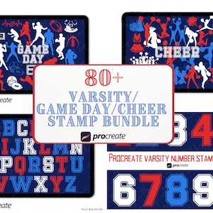 May include: A digital illustration of a Procreate stamp bundle for varsity, game day, and cheer themes. The bundle includes 80+ stamps, including letters, numbers, cheerleaders, football players, and game day graphics. The stamps are in red, white, and blue.