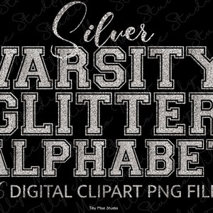 Glitterzilver varsity-alfabet PNG: lettertype met digitale illustraties voor sport- en knutselprojecten