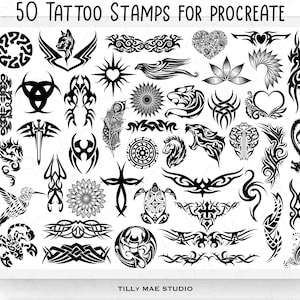 May include: A sheet of 50 black and white tattoo stamps for Procreate. The stamps feature a variety of tribal, floral, and animal designs.