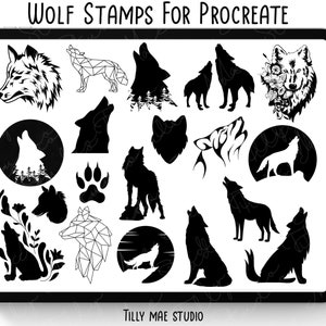 Könnte beinhalten: Ein Set mit 18 schwarzen und weißen Wolfsstempeln für Procreate, mit verschiedenen Wolfsposen und Designs, darunter ein Wolf mit Blumen, ein Wolf mit geometrischen Mustern und ein Wolf, der zum Mond heult.