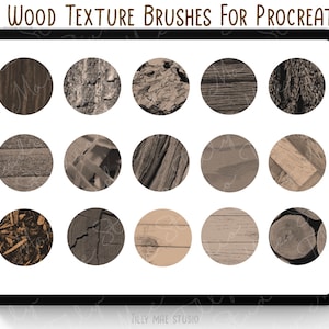 Peut inclure: Un écran de tablette numérique affichant 15 brosses de texture bois pour Procreate. Les brosses sont affichées dans une grille de 5 rangées et 3 colonnes. Chaque brosse est un cercle avec une texture de bois différente.