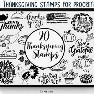 May include: A set of 20 black and white Thanksgiving themed digital stamps for Procreate. The stamps include images of turkeys, pumpkins, cornucopias, and text such as "Give Thanks", "Happy Thanksgiving", and "Be Grateful".