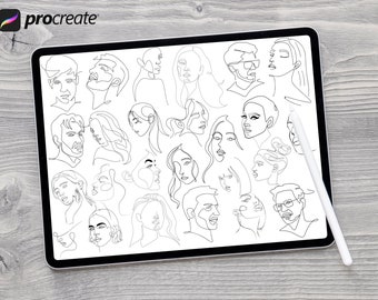 Face Procreate Stamps, Procreate Brushes Faces, Portraits, Poses Line Art Illustrations