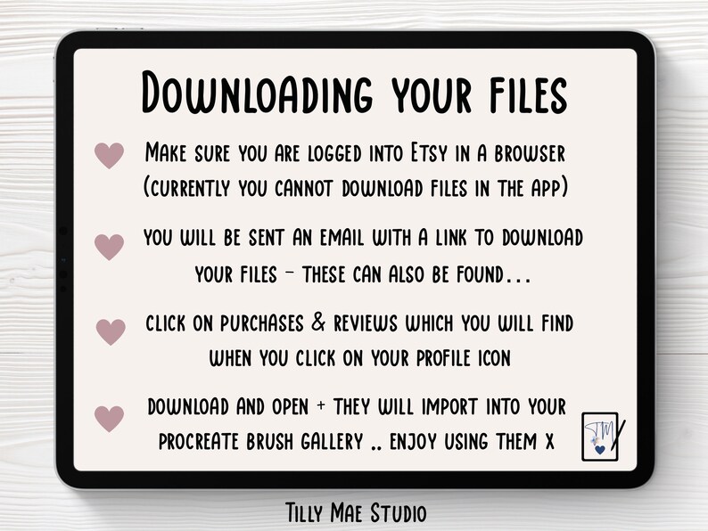 May include: A digital tablet screen displaying instructions on how to download digital files purchased from Etsy. The instructions include downloading files from a web browser, not the Etsy app, and how to find the files in your purchase history.
