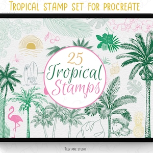 Timbri Procreate tropicali / Pennelli Procreate tropicali / Pacchetto Procreate di timbri estivi / Timbri di palma / Carta per acquerelli gratuita PNG