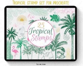 May include: A digital illustration of 25 tropical stamps for Procreate. The stamps include palm trees, pineapples, coconuts, flamingos, surfboards, and more. The stamps are in a green, pink, and yellow color scheme.