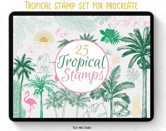 Timbres de procréation tropicale | Pinceaux pour procréation tropicale | Lot Procreate de timbres d'été | Timbres de palmier | Papier aquarelle gratuit PNG