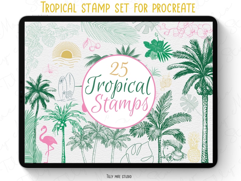 May include: A digital illustration of 25 tropical stamps for Procreate. The stamps include palm trees, pineapples, coconuts, flamingos, surfboards, and more. The stamps are in a green, pink, and yellow color scheme.