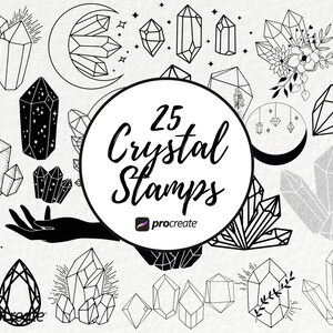 May include: A set of 25 black and white crystal stamps for Procreate. The stamps feature various crystal shapes and designs, including geometric, organic, and celestial motifs.