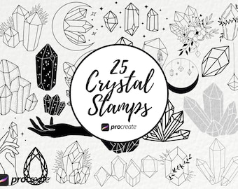 Puede incluir: Un conjunto de 25 sellos de cristal blanco y negro para Procreate. Los sellos presentan diversas formas y diseños de cristales, incluyendo motivos geométricos, orgánicos y celestiales.
